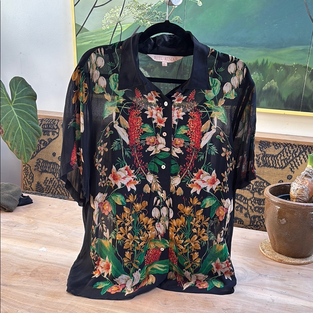 Ritu Kumar Black Multicolor Floral Sheer Button Down Shirt w Tank Top